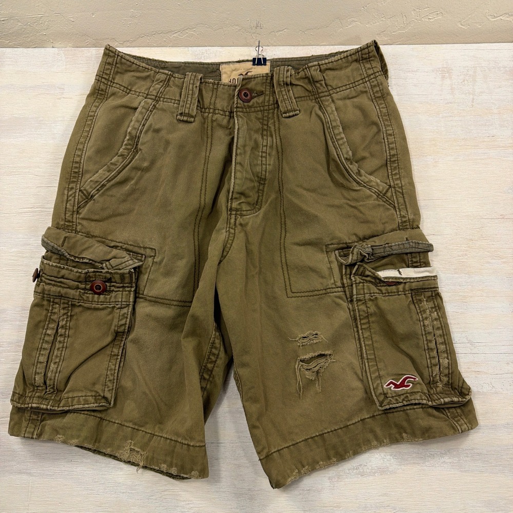 Y2K Hollister Cargo Shorts 29 Distressed Classic Fit Multi Pocket Olive Green